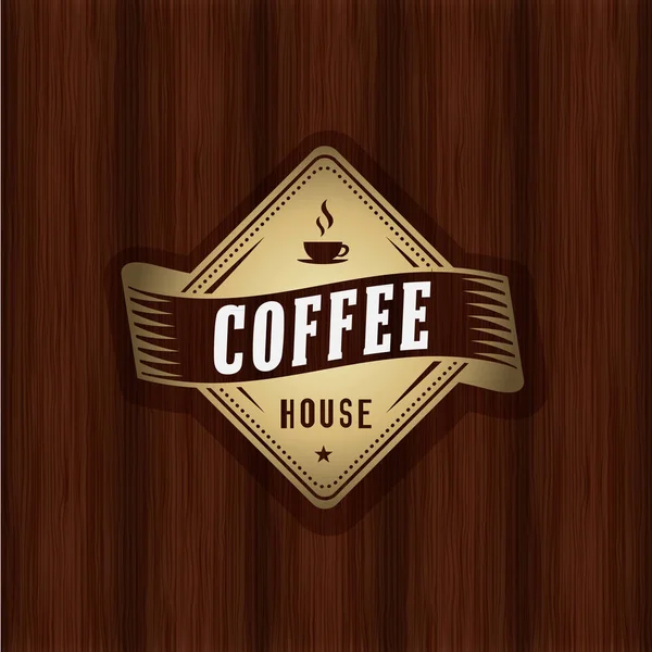 ヴィンテージの木製の背景にコーヒーやカフェの黄金のロゴのテンプレート — ストックベクタ