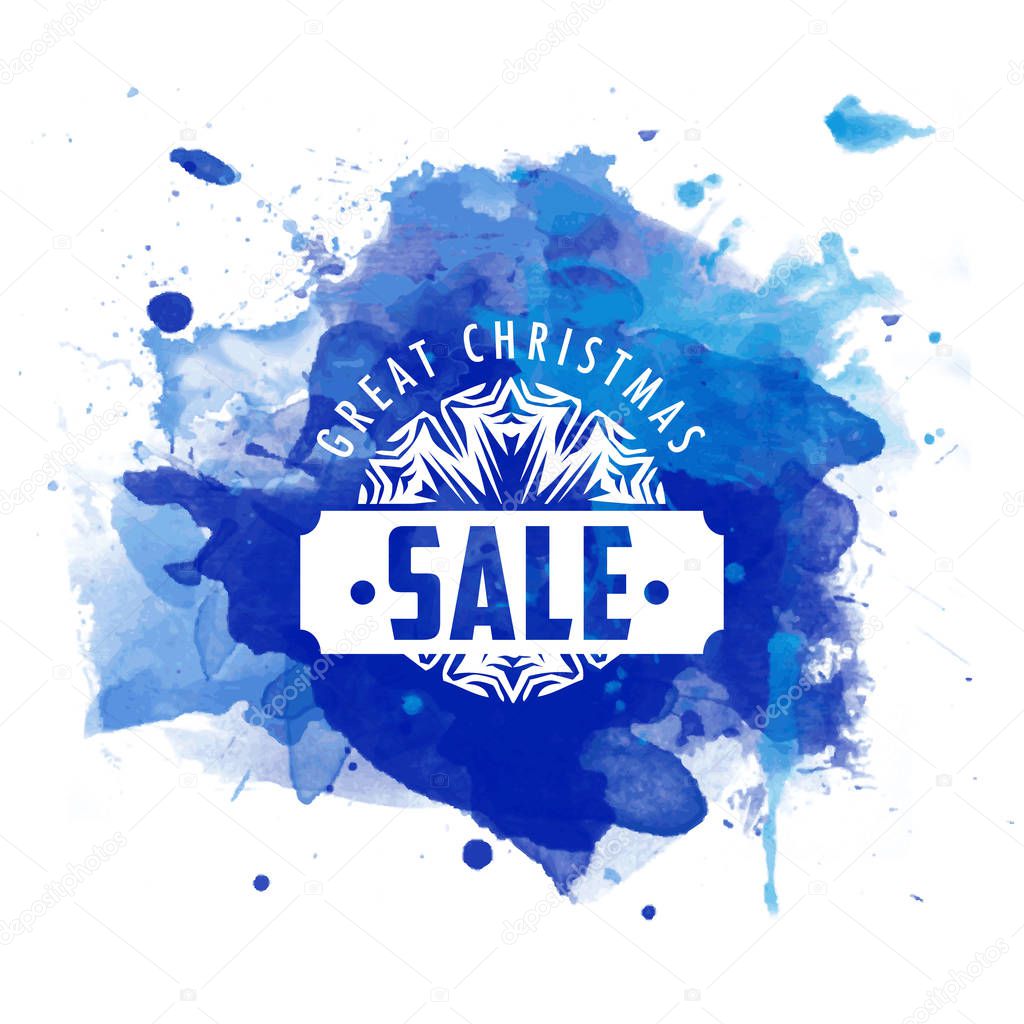New year greeting card template. Merry Christmas logo on blue watercolor background