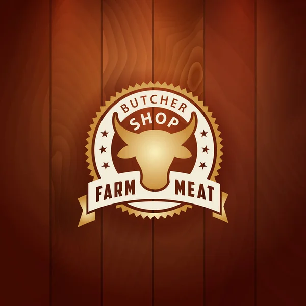 Vector logo of butchery meat shop on wood background — Stock Vector