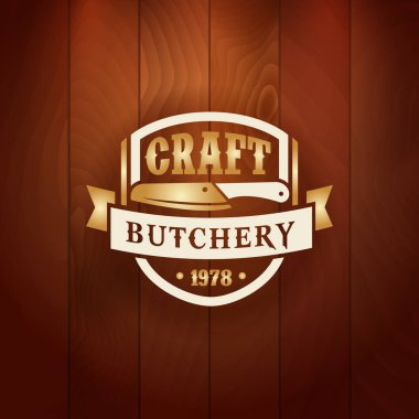 Kasaplık et Shop ahşap arka plan üzerinde vektör logosu