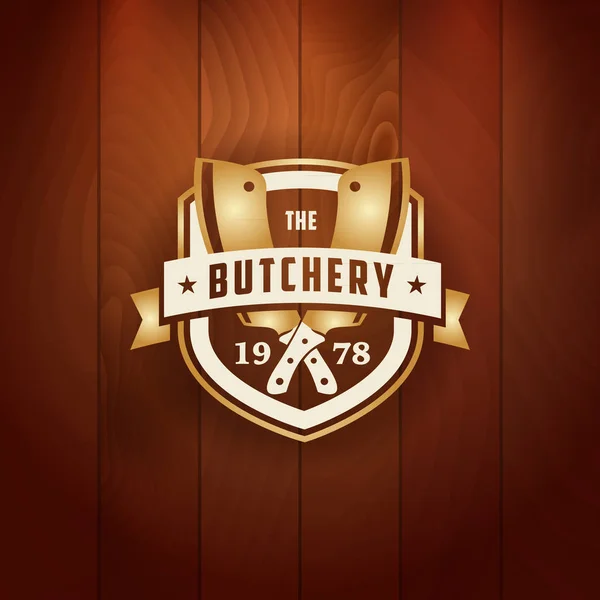 Vector logo of butchery meat shop on wood background — Stock Vector