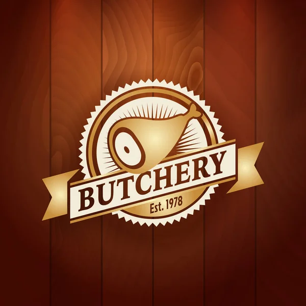 Vector logo of butchery meat shop on wood background — Stock Vector