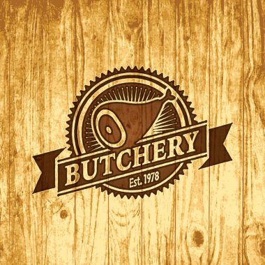 Et dükkanı veya kasaplık ahşap arka plan üzerinde vektör logosu