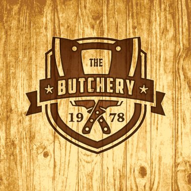 Et dükkanı veya kasaplık ahşap arka plan üzerinde vektör logosu