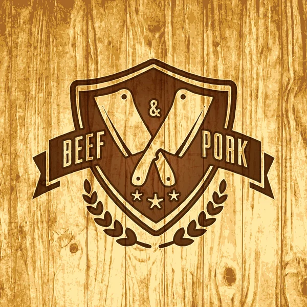 Logotipo de vetor de loja de carne ou talho em fundo de madeira — Vetor de Stock