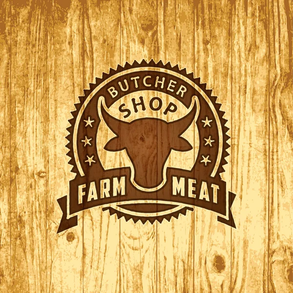 Vector logo of meat shop or butchery on wood background — Stock Vector