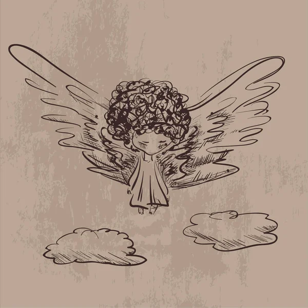 Vector hand drawn vintage sketch sad little angel — Stock Vector