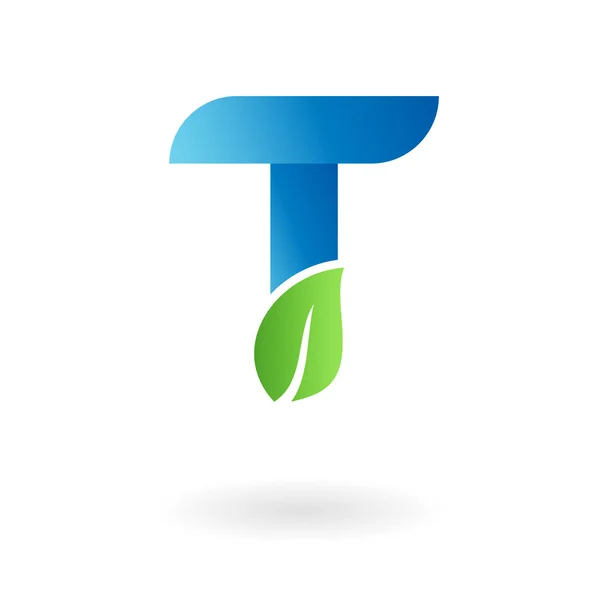 T harfi doğal organik yaprak mavi serin logo — Stok Vektör
