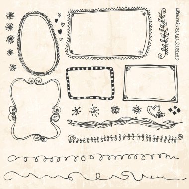Elle çizilmiş doodle çizgi kenarlık çerçeve öğeleri ayarla