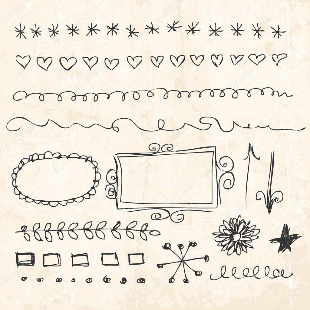 Hand drawn doodle line border frame elements set