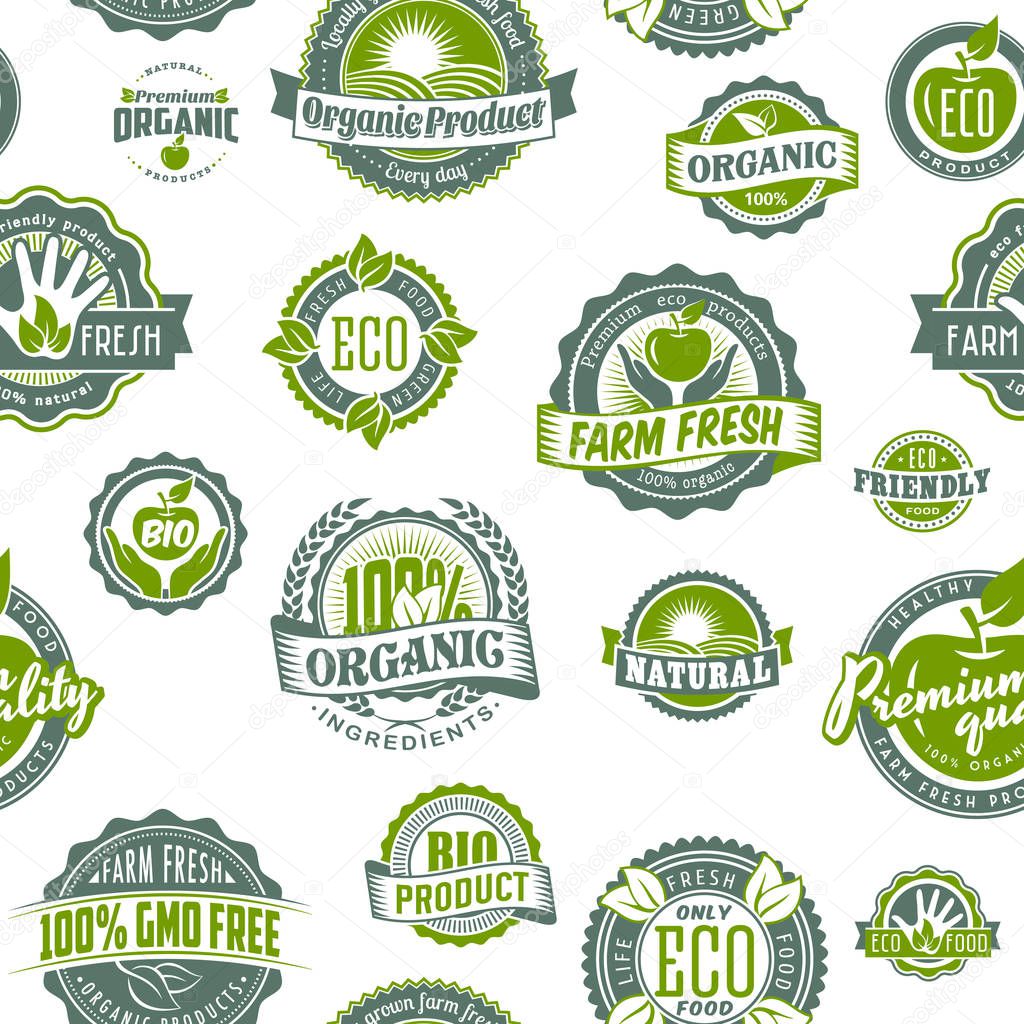 Organic farm fresh food logo set seamless pattern