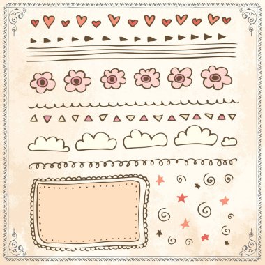 Elle çizilmiş doodle çizgi kenarlık çerçeve öğeleri ayarla