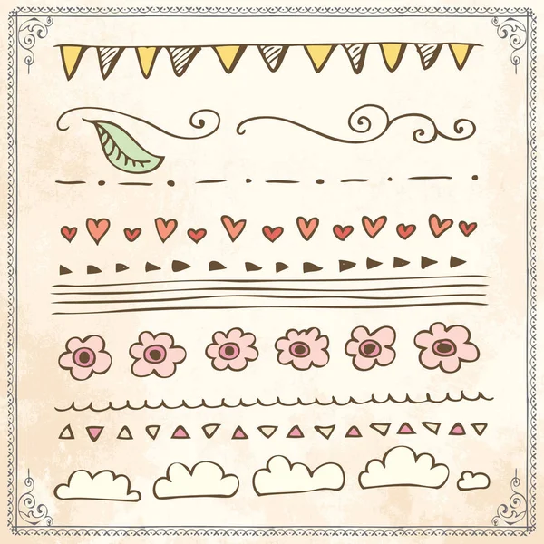 Hand drawn doodle line border frame elements set — Stock Vector