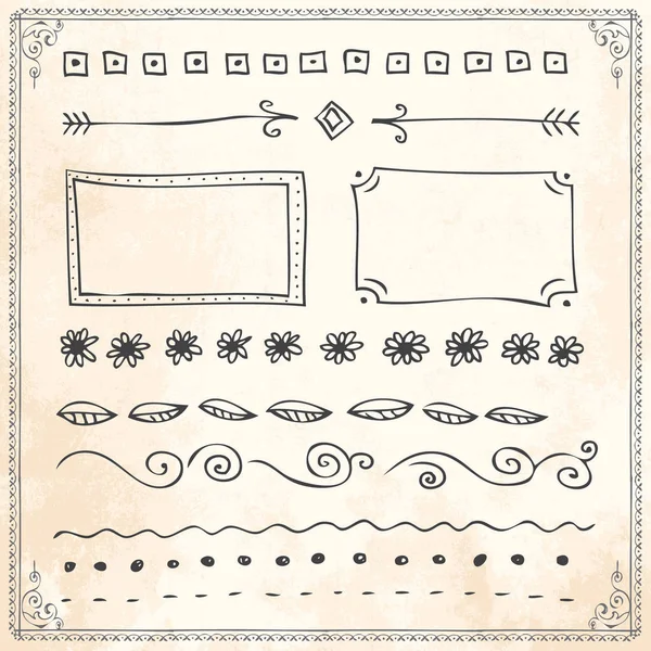 Hand drawn doodle line border frame elements set — Stock Vector