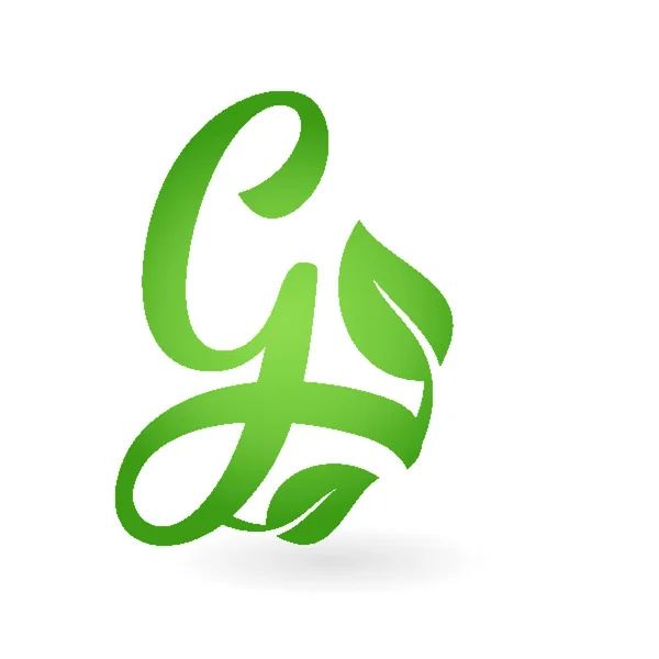 G 文字書道有機ロゴ緑葉します。 — ストックベクタ