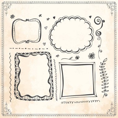 Elle çizilmiş doodle çizgi kenarlık çerçeve öğeleri ayarla