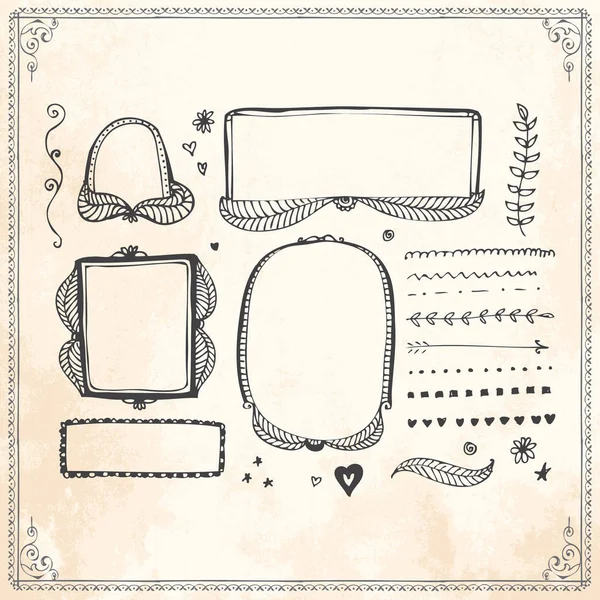 Hand drawn doodle line border frame elements set — Stock Vector