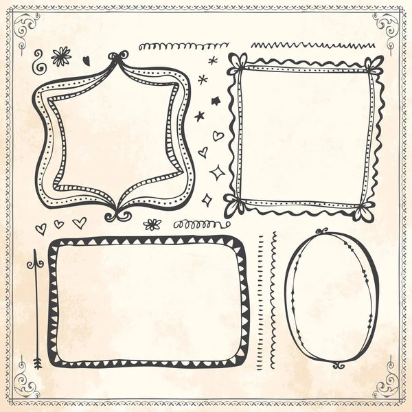 Hand drawn doodle line border frame elements set — Stock Vector