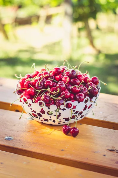 Ripe Red Cherry Fruits Basket Wooden Table Outdoors — Stock Photo, Image
