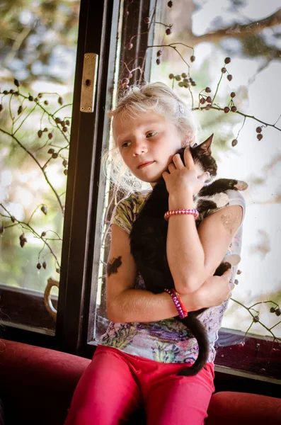 小可爱的女孩抱着可爱的黑白相间的猫 看着窗外 — 图库照片