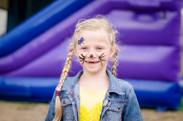 Adorable Blond Girl Portrait Doing Face Painting — Stock Photo, Image