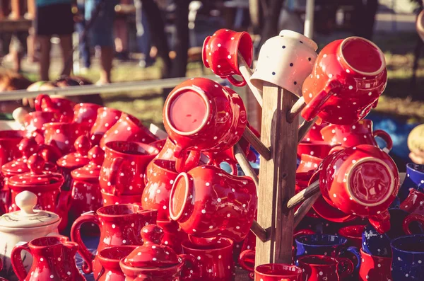 Red Ceramics Mugs White Dots — Stock Photo, Image