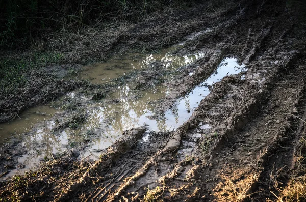 water wheel tracks on the soil after heavy rain