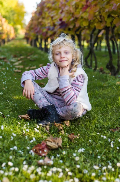 Adorable Little Blond Girl Autumn Vineyard — Stock Photo, Image