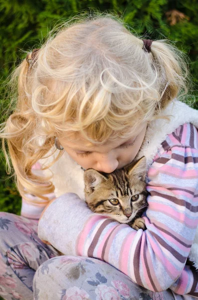Pequeño Niño Encantador Con Gato Mascota Las Manos — Foto de Stock
