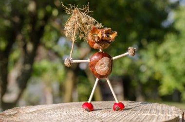 yaratıcı komik hayvan figürü kestane ve meşe palamutları briar dekorasyon çim ile yapılan