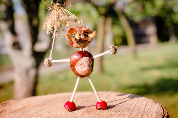Little Funny Animal Figure Made Chestnut Acorns Outdoors Nature — Stock Photo, Image