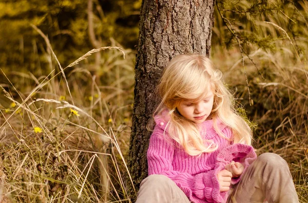 Kleines Hübsches Mädchen Mit Langen Blonden Haaren Lächelt Herbstlichen Wald — Stockfoto