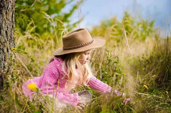 Little Lovely Girl Long Blond Hair Relaxing Autumn Forest — Stock Photo, Image