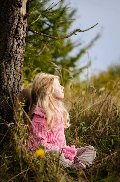 Krásná Holčička Dlouhé Blond Vlasy Relaxační Podzimním Lese — Stock fotografie