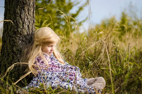 Little Lovely Girl Long Blond Hair Scarf Relaxing Autumn Forest — Stock Photo, Image