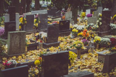 Sonbahar zaman içinde tüm azizler günü sırasında mezarlığındaki mezar dekore