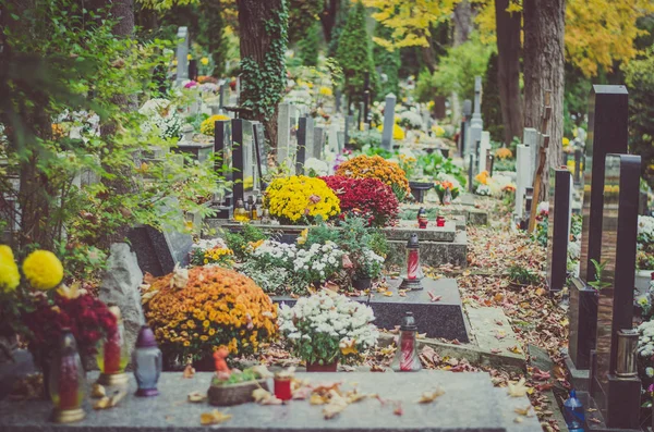 Geschmückte Gräber Auf Dem Friedhof Allerheiligen Herbst — Stockfoto