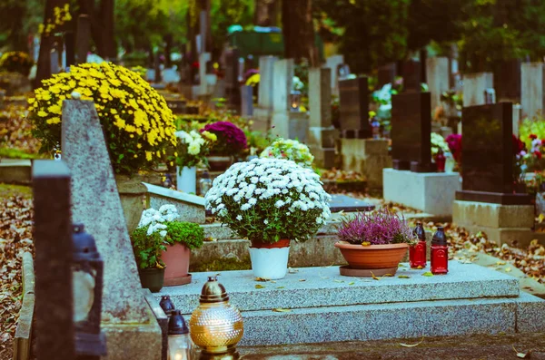 Bunte Grabdekoration Allerheiligen Auf Dem Friedhof Herbstlicher Atmosphäre — Stockfoto