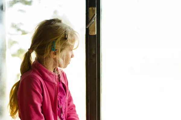 Lovely Blond Girl Sitting Window Looking Copy Space — Stock Photo, Image