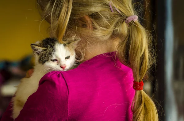 猫を持って素敵なブロンドの女の子 — ストック写真