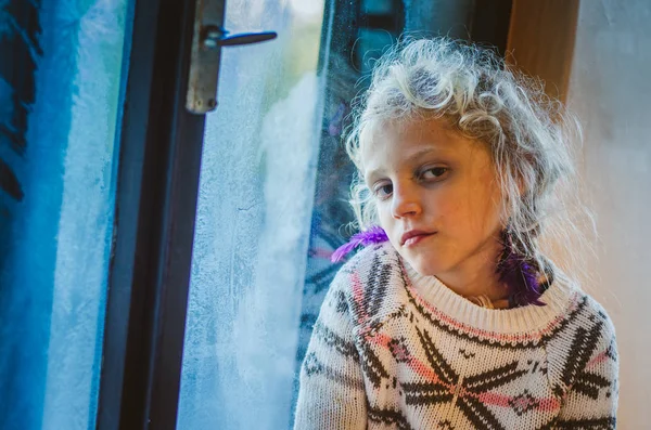 Lovely Blond Girl Sitting Window Looking — Stock Photo, Image