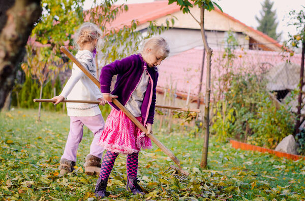 two children raking fallen autumnal leaves in garden