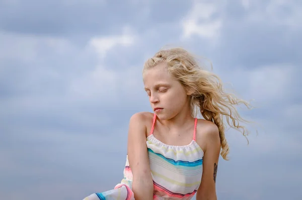 Adorable Little Girl Blond Hair Portrait Blue Sky — Stock Photo, Image