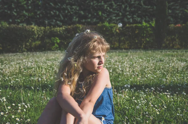 Adorable Little Child Floral Meadow Tuscany — Stock Photo, Image