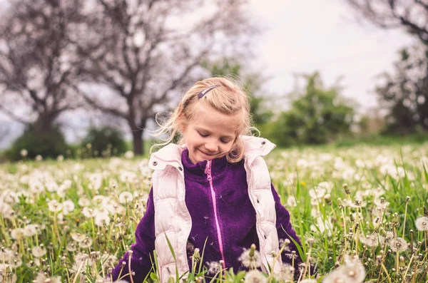 Cute child in blossoming dandelion flower meadow — Stock Photo, Image