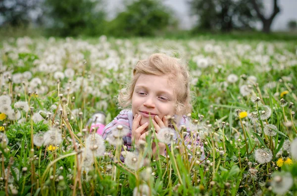 Cute child in blossoming dandelion flower meadow — Stock Photo, Image
