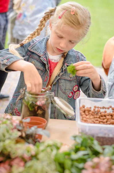 Niño activo llenando vidrio vacío con tierra y plantas —  Fotos de Stock