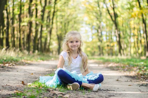 Adorabile ragazza bionda in gonna tutù blu seduta nel percorso rurale nella foresta — Foto Stock