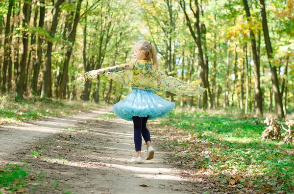 Adorável menina loira em azul tutu saia dançando no caminho rural na floresta — Fotografia de Stock