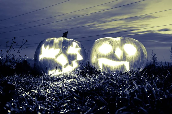 Illuminated scary halloween pumpkins shining in dark night — Stock Photo, Image